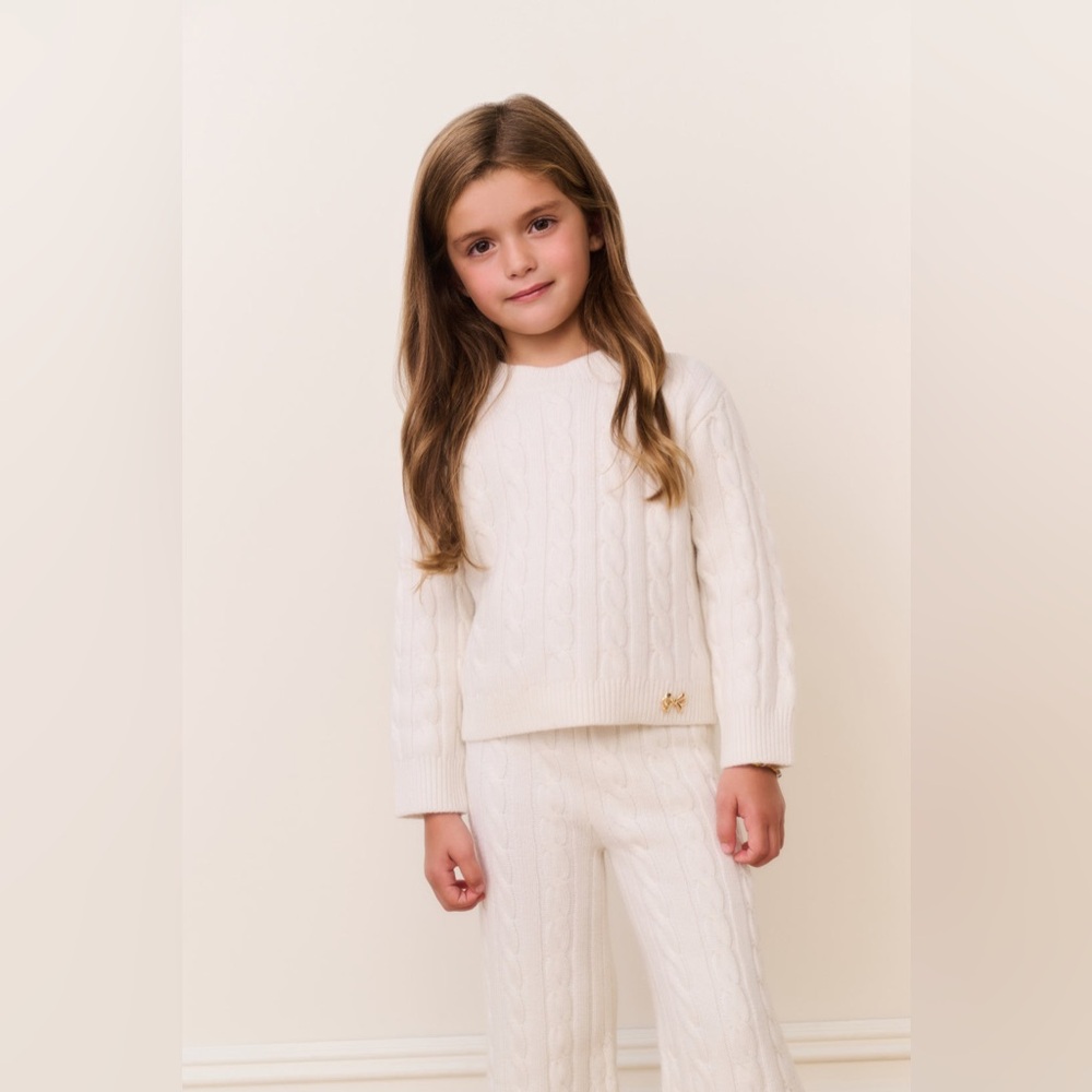 LoveShackFancy Little Girls Sallie Cable Knit Pullover Sz XL Gold Bow Girlhood